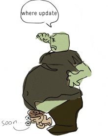 a cartoon drawing of a man with a speech bubble that says " where update "