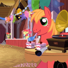 a cartoon of a pony with a record player and cakes