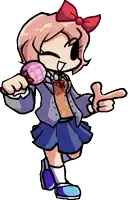 a cartoon girl with a bow on her head is holding a microphone and pointing