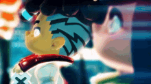 a close up of a cartoon character with the letter x on his shirt