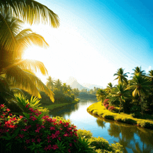 a river surrounded by palm trees and flowers with a mountain in the background