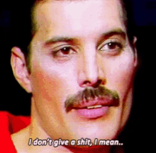 a close up of a man with a mustache saying i don 't give a shit i mean
