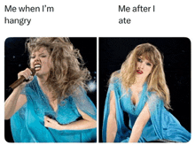 a woman in a blue dress is singing into a microphone while holding her stomach .
