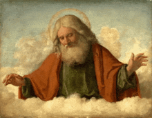 a painting of a man with a beard in a cloud