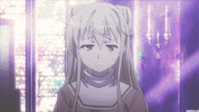 a girl with long white hair stands in front of a window