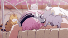 a girl wearing headphones is laying on a bed with three cats