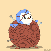 a penguin is tied to a ball of yarn