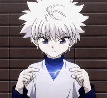 a boy with white hair and blue eyes is holding a lightning bolt