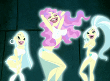 a cartoon of three women with glowing hair dancing