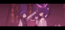 a couple of anime girls standing next to each other with their arms up