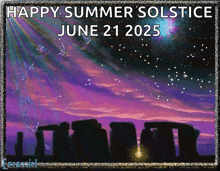 a happy summer solstice june 21 2025 poster with a purple sky