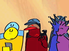a group of cartoon characters standing next to each other with one wearing a hat that says r on it