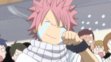 a cartoon character with pink hair is crying while a crowd looks on