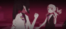 two anime girls are standing next to each other and one is covering her mouth