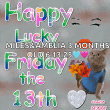 a picture of a cat with the words happy lucky miles & amelia 3 months old
