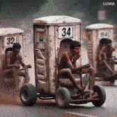 a man is sitting in a dirty toilet on wheels .