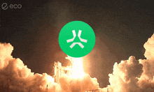 a picture of a rocket being launched with a green circle in the foreground that says " eco "