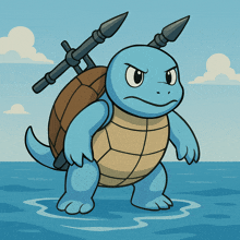 a cartoon drawing of a turtle carrying a spear on its back