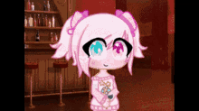 a cartoon girl with pink hair and blue eyes is standing in front of a bar