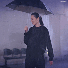 a woman holding an umbrella in the rain with the caption linglingifs on the bottom