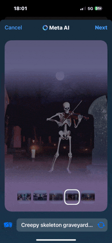 a phone screen shows a skeleton playing a violin in a cemetery with the caption creepy skeleton graveyard