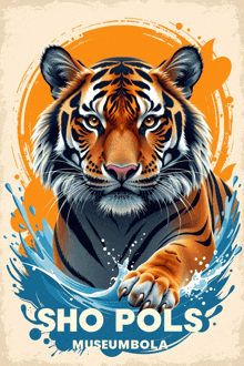 an illustration of a tiger with the words sho pols museum bola below it