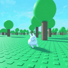 a white rabbit with a sad face is running in a field of green trees