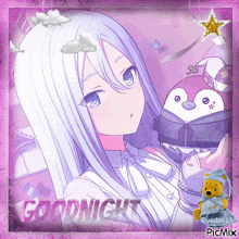 a picture of a girl holding a penguin with the words goodnight written on it