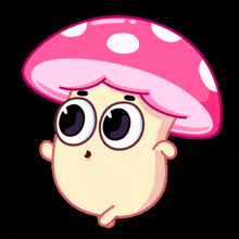 a cartoon illustration of a mushroom with big eyes on a black background