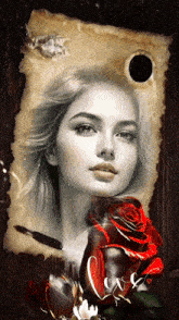 a black and white painting of a woman with a red rose and the word love