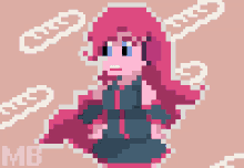 a pixel art drawing of a girl with pink hair and the letters mb on the bottom