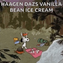 a cartoon of snoopy and woodstock having a picnic with the words haagen dazs vanilla bean ice cream below them