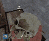 a person is holding a skull in their hand in front of a sign that says " открыть "