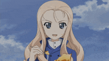 a girl in a blue jacket is eating a piece of food