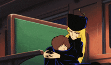 a woman in a black hat is hugging a boy in a cartoon