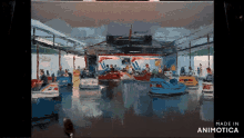 a painting of people riding bumper cars with the words made in animotica below it