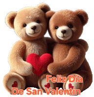 two teddy bears holding a red heart with the words feliz dia de san valentin