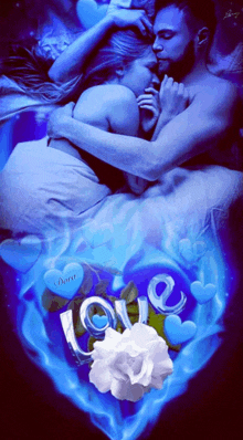 a painting of a man and woman hugging with the word love in the middle