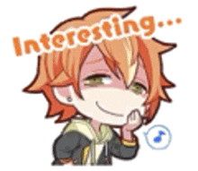 a cartoon character with red hair and green eyes is smiling and holding his hand to his chin and says `` interesting '' .