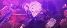 a purple anime character is holding a sword in a dark room