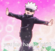 a cartoon character is standing in front of a pink background with his arms outstretched and says `` you just hangry mad ! ''