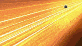a cartoon character is flying through the air on a yellow and orange background