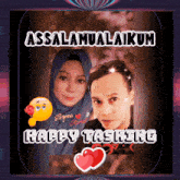 a picture of a man and a woman with the words happy tasking
