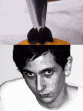a black and white photo of a man 's face next to a picture of a person 's face