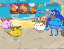 a blue monkey is standing next to a group of cartoon characters in a game .