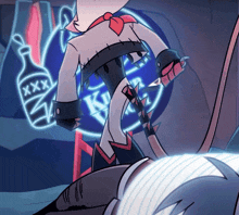 a cartoon character holds a knife in front of a neon sign that says xxx