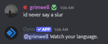 a screenshot of a discord chat between grimwell and dyno