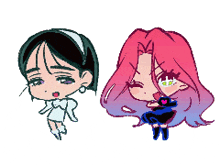a drawing of a girl with pink hair and a girl with blue hair
