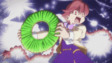 a girl in a purple dress is holding a green object