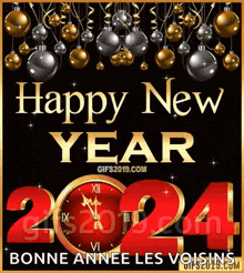 a happy new year greeting card with a clock and christmas balls on a black background
